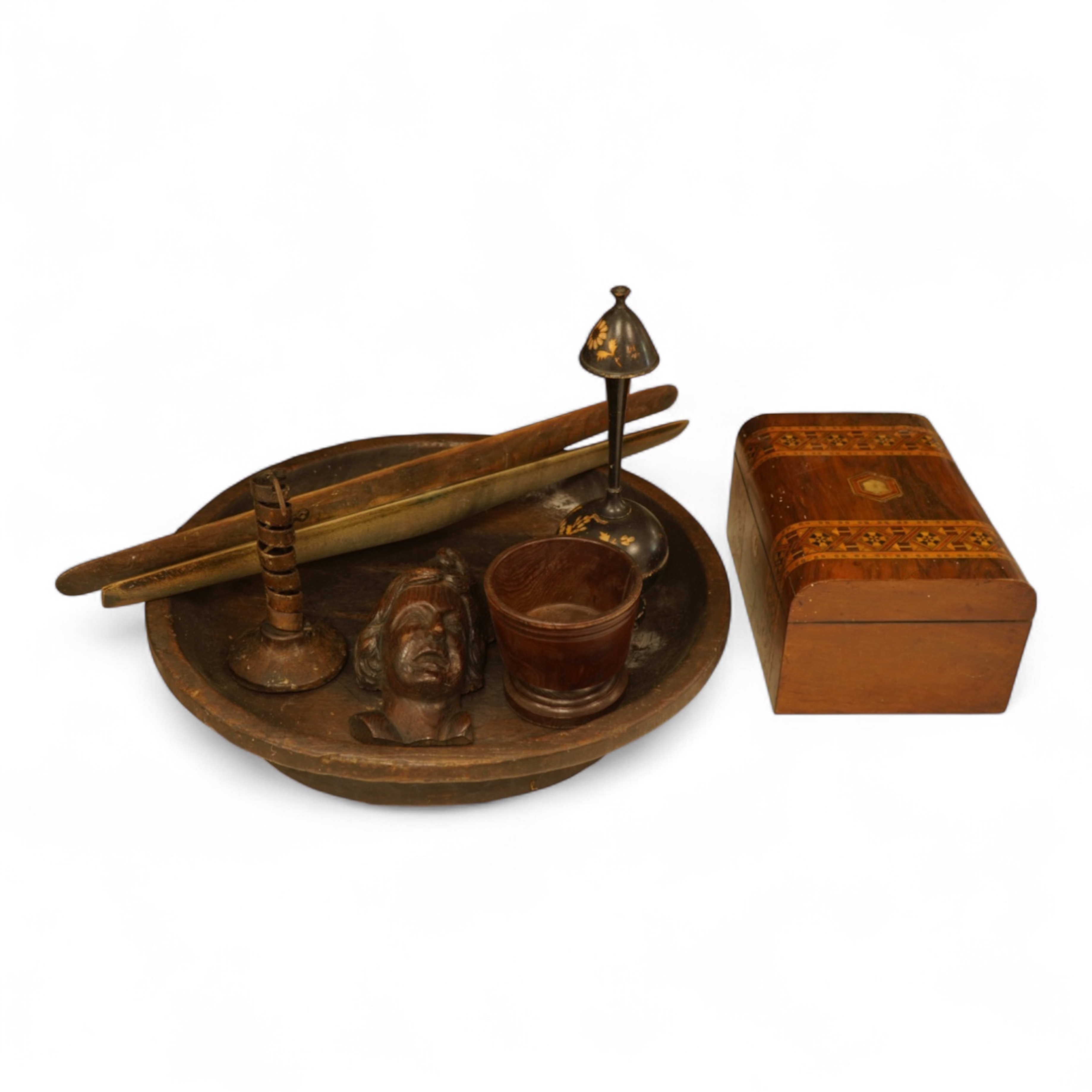 A quantity of mixed treen, including an inlaid box, carved head, large bowl etc and an 18th century French rat de cave wrought iron and treen candlestick. Bowl 49cm